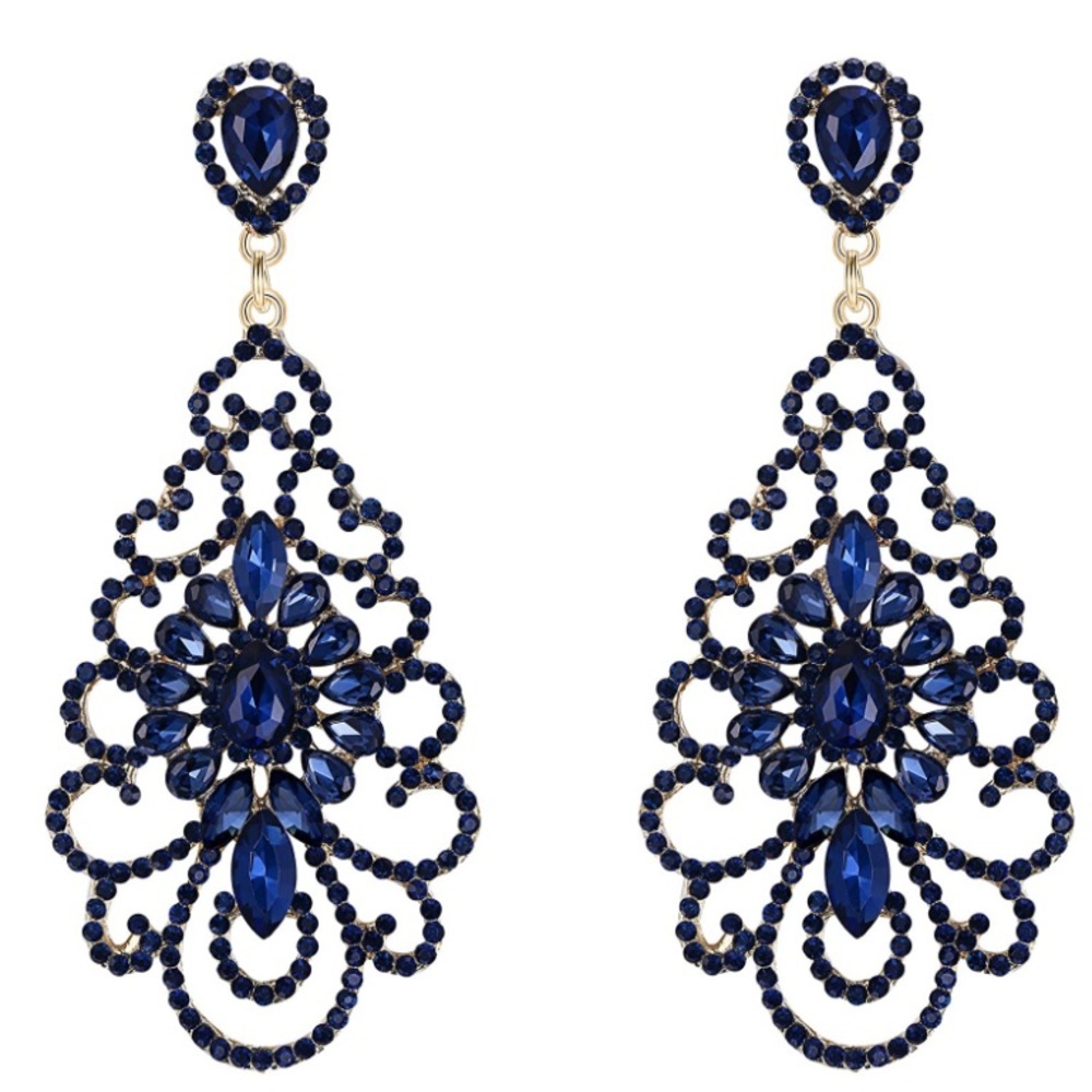 Vintage Style Gold & Sapphire Austrian Crystal Post Back Chandelier Earrings